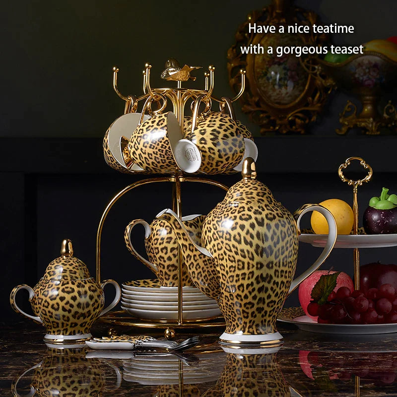 Afralia™ Leopard Print Bone China Coffee Set Tea Pot Cup Luxury Porcelain Drinkware