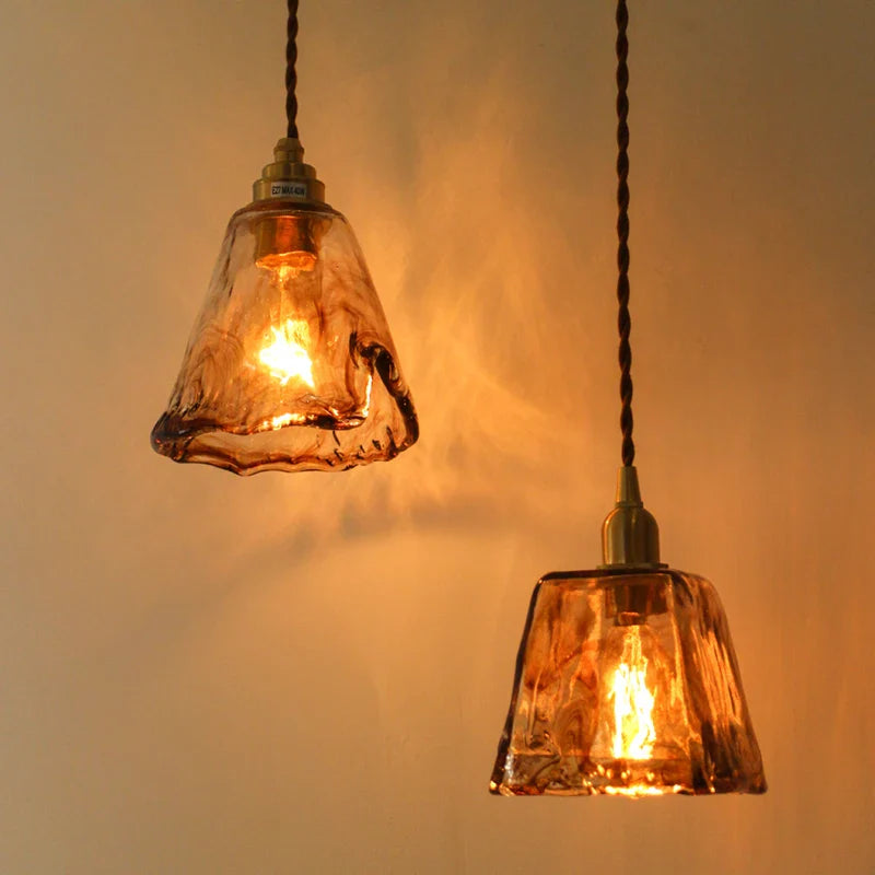 Afralia™ Wood Copper Pendant Lights, Amber Glass Japanese Style Hanging Lamp, Adjustable LED Fixtures