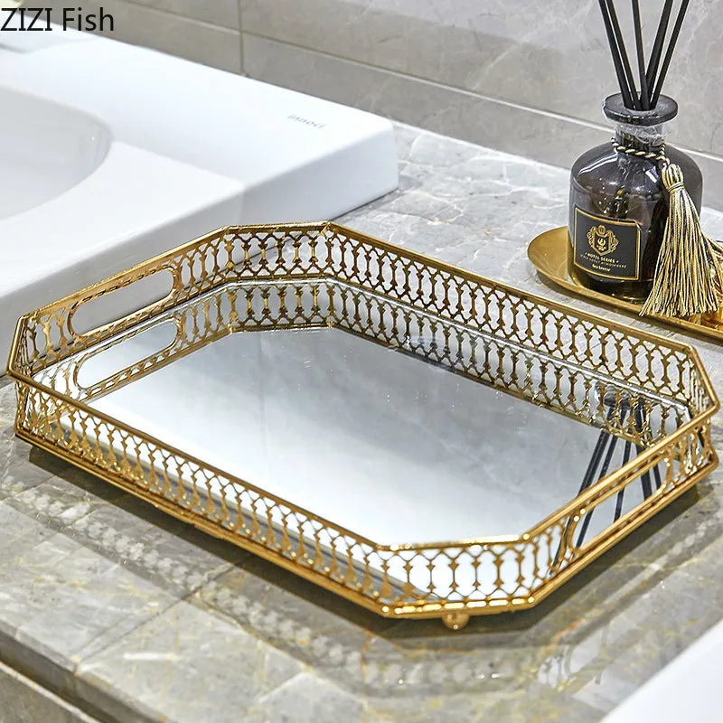 Afralia™ Elegant Gold Mirror Glass Storage Tray for Jewelry and Small Items