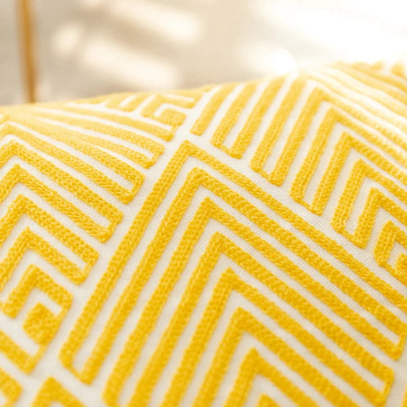 Afralia™ Geometric Embroidery Canvas Cotton Cushion Cover for Sofa Bed in Yellow