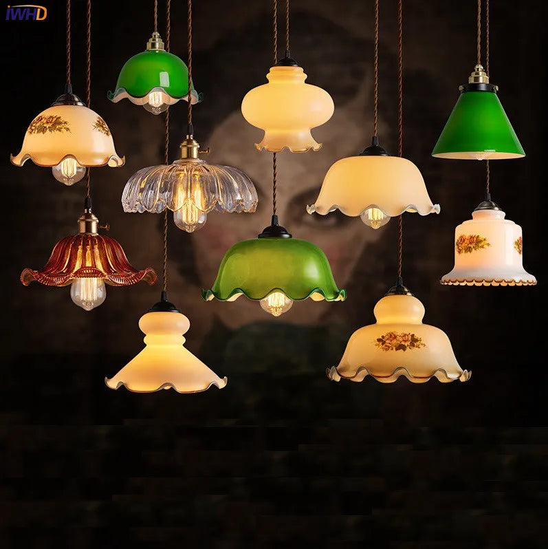 Afralia™ Vintage Green Glass Artistic Pendant Lamp for Bar Restaurant Cafe Retro Lighting