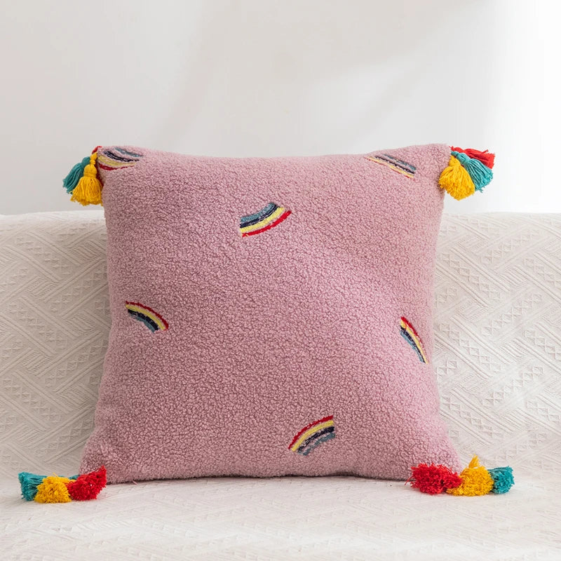 Afralia™ Rainbow Tassel Fluffy Cushion Cover 45x45cm Embroidery Home Decor for Living Room