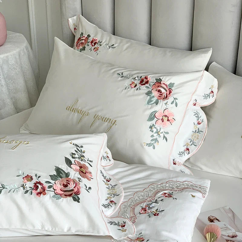 Afralia™ White Embroidered Egyptian Cotton Bedding Set, Pastoral Flowers Theme