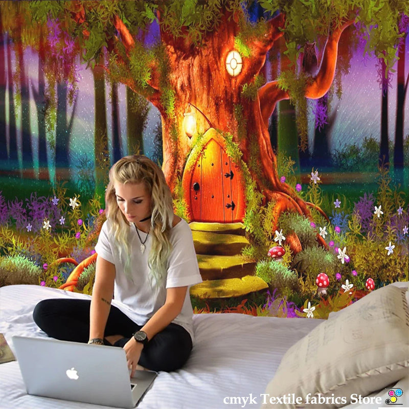 Afralia™ Dreamy Castle Mushroom Tapestry Psychedelic Wall Hanging Hippie Kids Decor