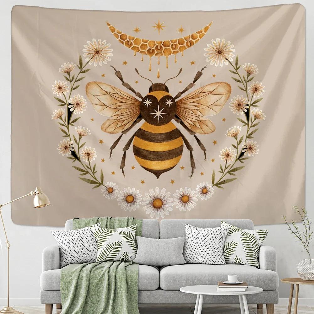 Afralia™ Psychedelic Bee Tapestry Wall Daisy Flower Home Decor for Bohemian Hippie Vibes