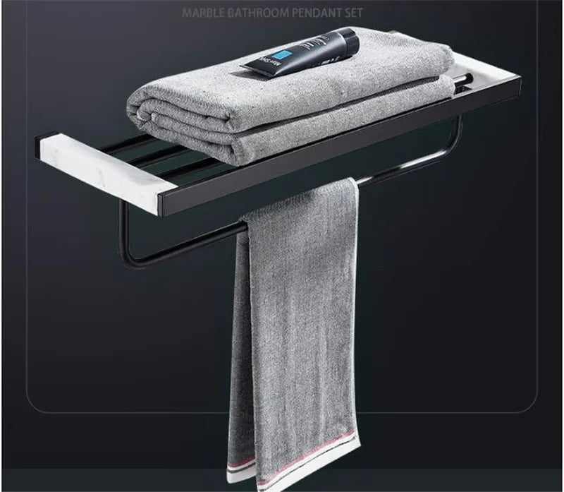 Afralia™ Marble & Brass Bathroom Set: Shelf, Towel Rack, Paper Holder, Toilet Brush Holder