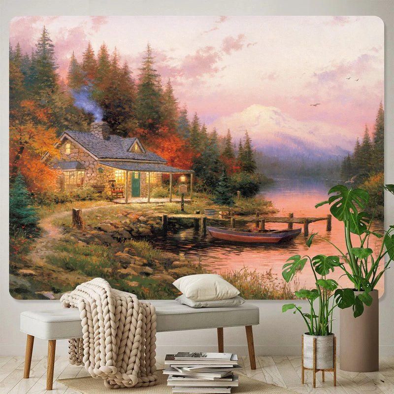 Afralia™ Forest Fairy Tale Cottage Oil Painting Tapestry Wall Hanging