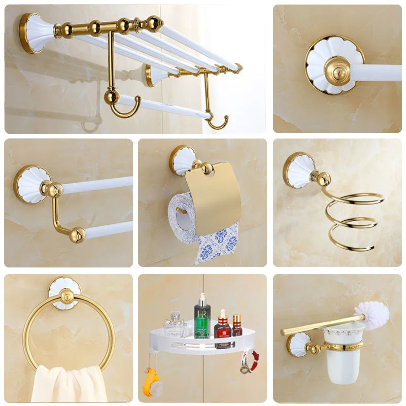 Afralia™ Gold & White Bathroom Accessories Set: Corner Shelf, Paper Holder, Towel Holder, Toilet Brush Holder, Towel Rack