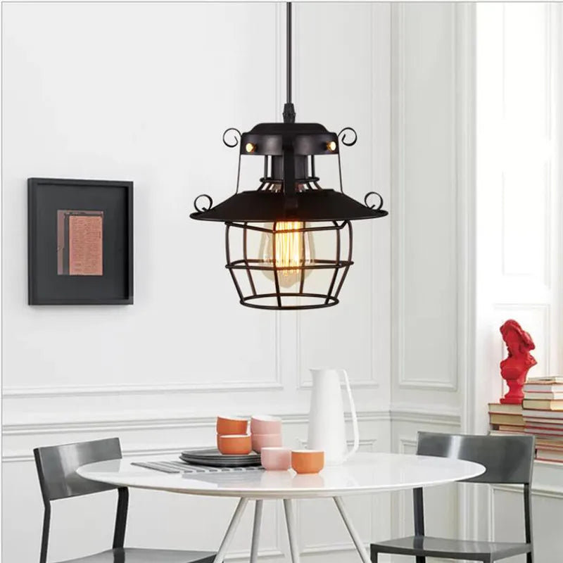 Afralia™ Industrial Nordic Cage Pendant Light, Black Iron Retro Loft Hanging Lamp