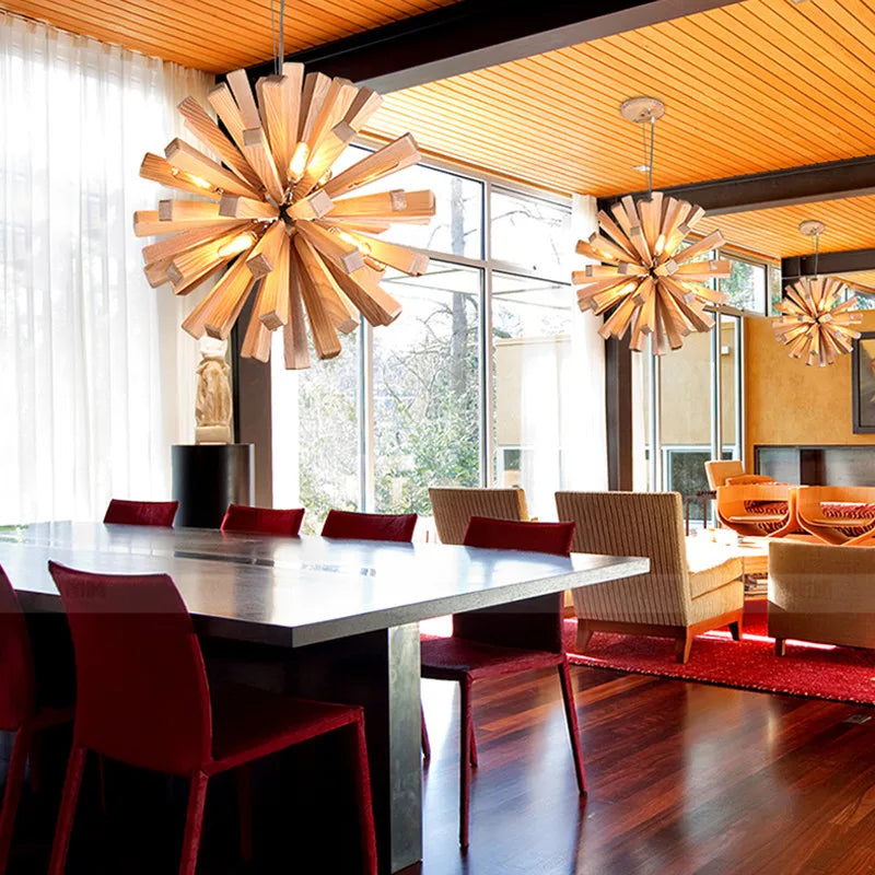 Afralia™ Dandelion Wooden Pendant Lights - Solid Wood Hanging Lamps for Dining Room & Restaurant