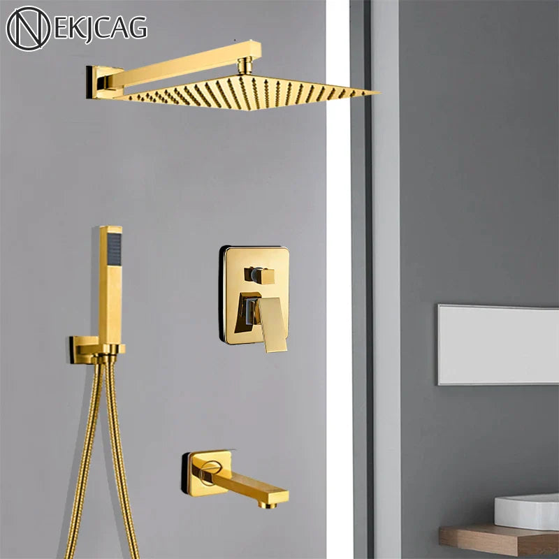 Afralia™ Golden Bathroom Shower Set with Square Rainfall Head and Concealed Mixer Taps