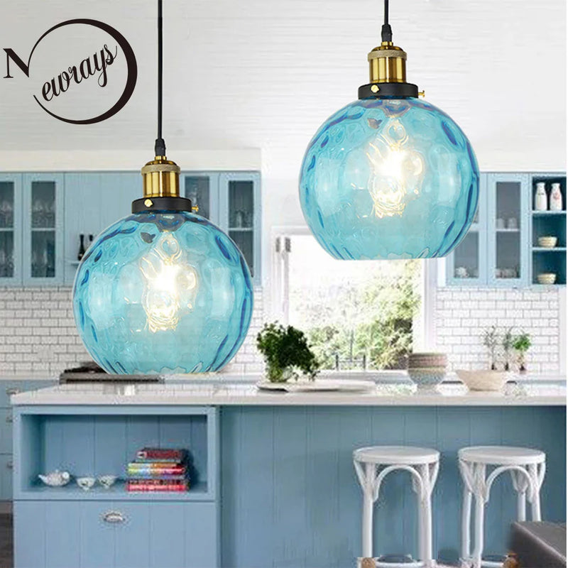 Afralia™ Loft Blue Glass Pendant Light LED E27 Nordic Hanging Lamp - 3 Sizes