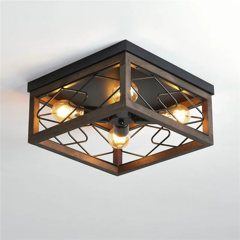 Afralia™ Wood Art Industrial Style 4-Head Ceiling Lamp for Living Room and Bedroom