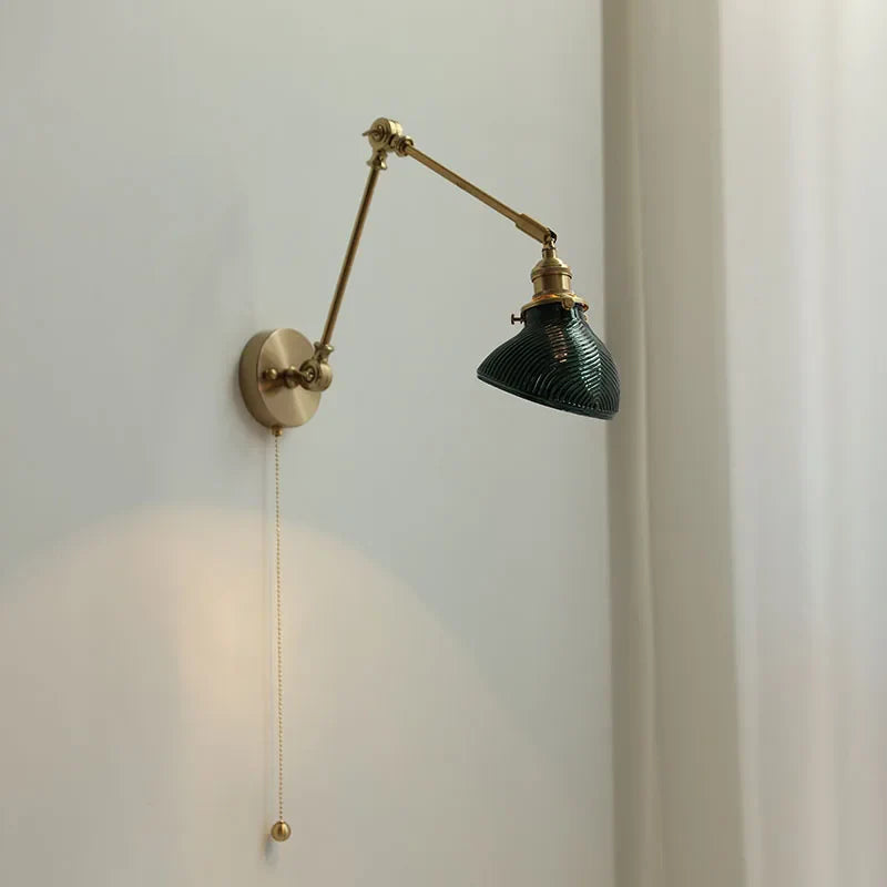 Afralia™ Copper Glass LED Wall Light with Pull Chain Switch, Swing Arm Sconce