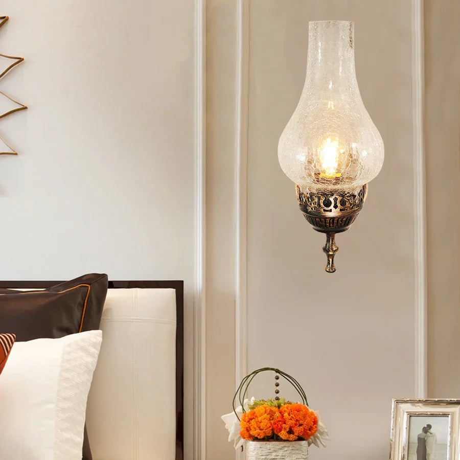 Afralia™ Vintage Chinese Style Metal Wall Glass Light with Crack Lampshade