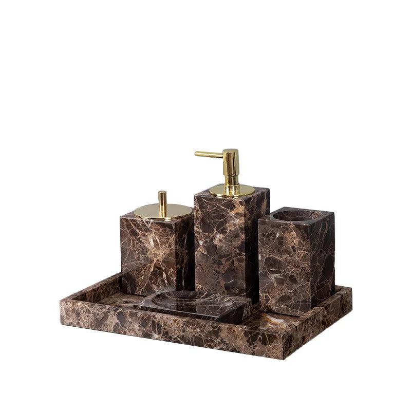 Afralia™ Emperador Dark Marble Bathroom Set: Toothbrush Holder, Soap Dish, Soap Dispenser