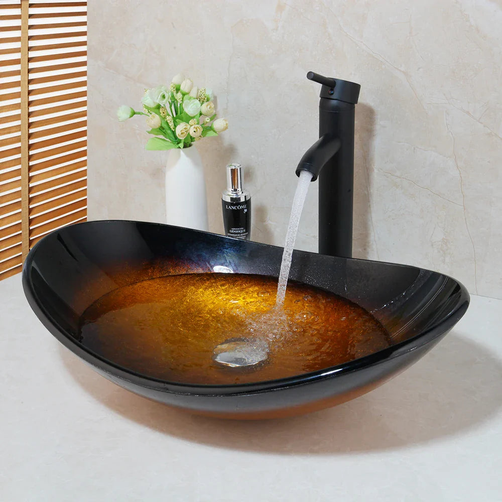 Afralia™ Hand-Painted Glass Sink Basin Vanity Set with ORB Faucets