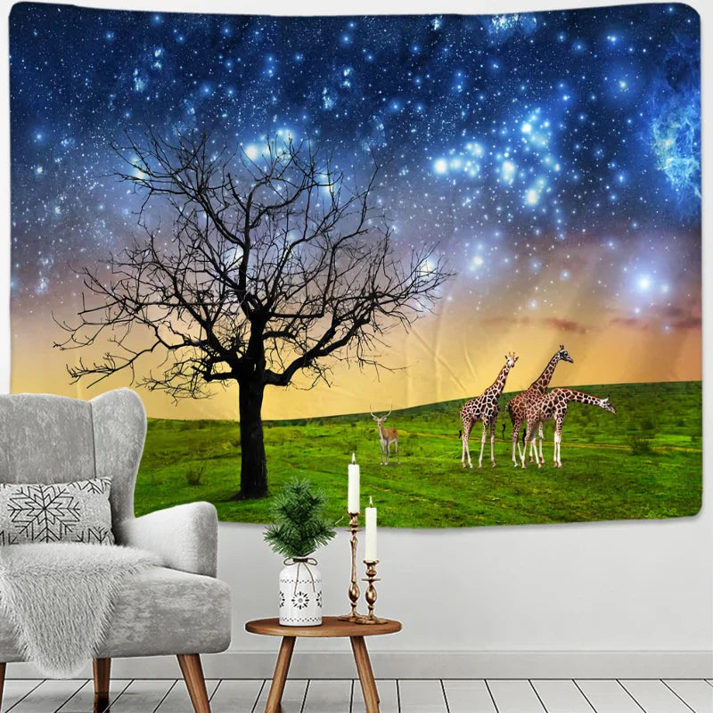Afralia™ Starry Sky Deer Tapestry Wall Hanging Night View Home Decor