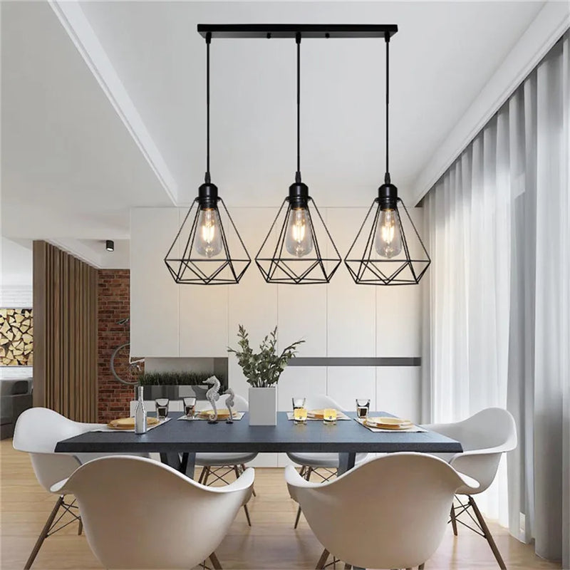 Afralia™ Diamond Cage Wrought Iron Pendant Light for Dining Room and Kitchen Island