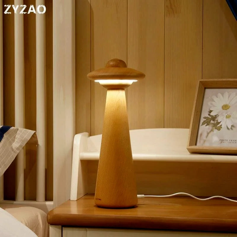 Afralia™ Kids UFO Wood LED Table Lamp: Modern, Dimmable, Cartoon Design, Ideal for Children's Bedroom