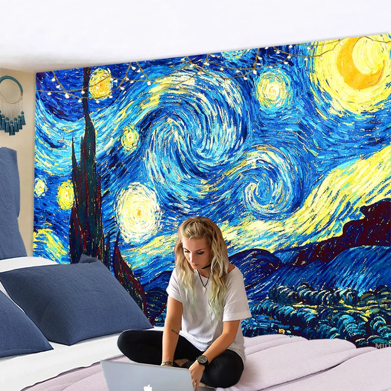 Afralia™ Van Gogh Star Moon Night Tapestry Blanket - 200x150cm