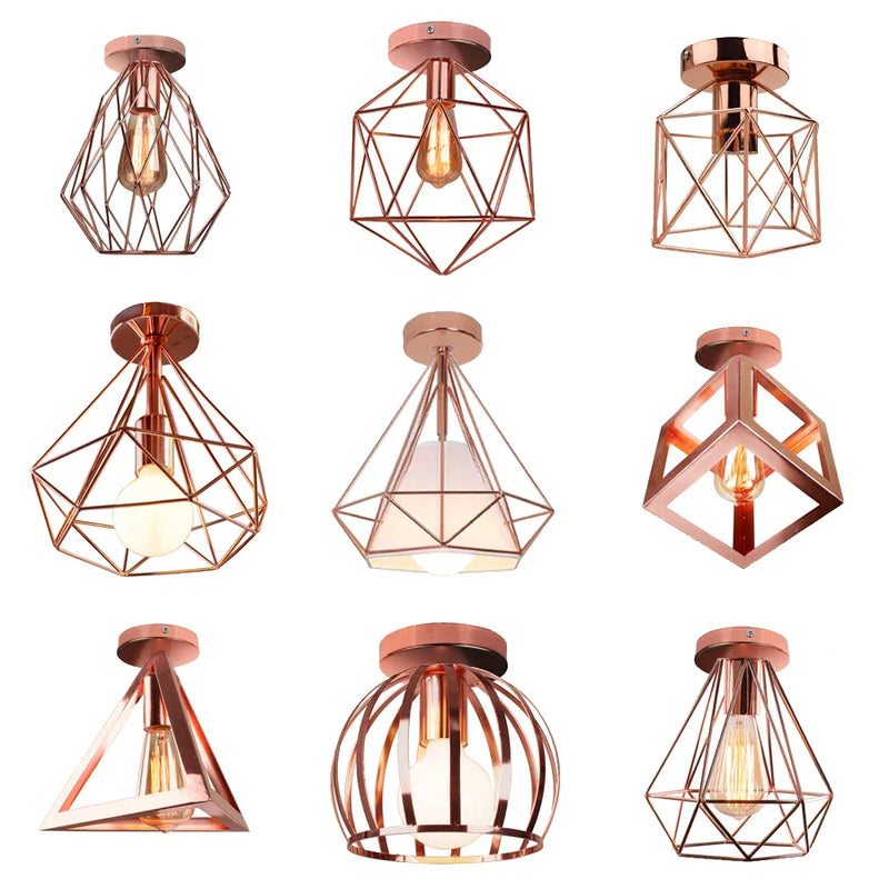 Afralia™ Rose Gold Iron Cage Ceiling Light for Kitchen Island, Bedroom, Porch