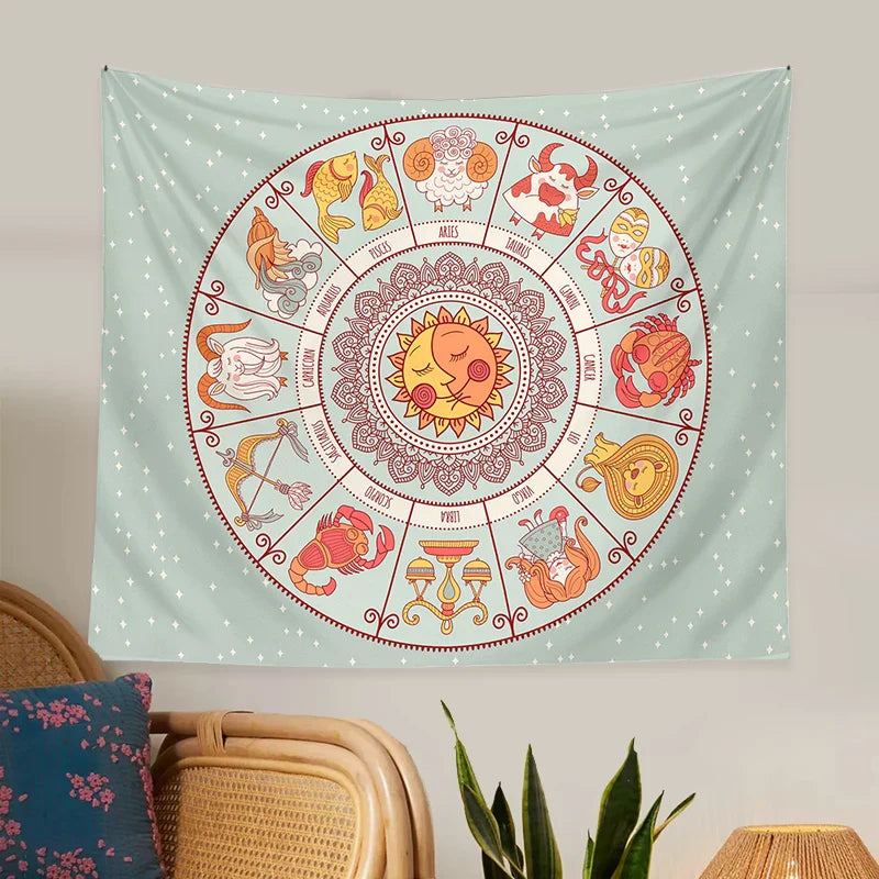 Afralia™ Zodiac Constellation Sun Moon Tarot Tapestry Wall Hanging