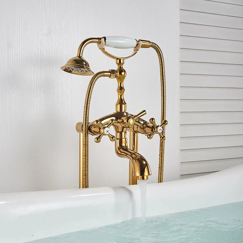 Afralia™ Dual Handle Clawfoot Bathtub Shower Faucet, Golden Polished Free Standing Mixer