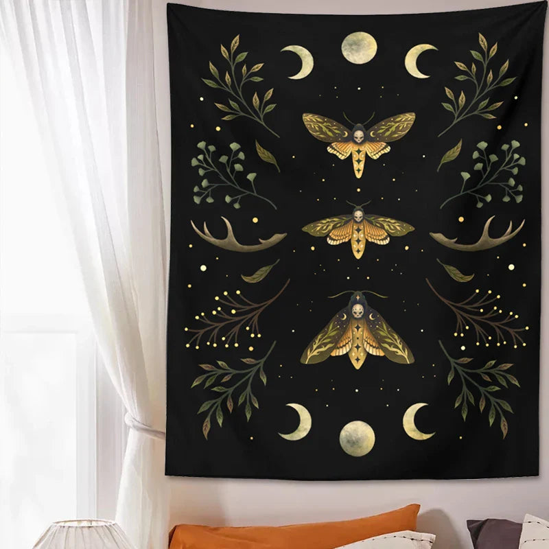 Afralia™ Moon Phase Wall Hanging Tapestry in Olive Leaf Green & Black - Boho Room Decor