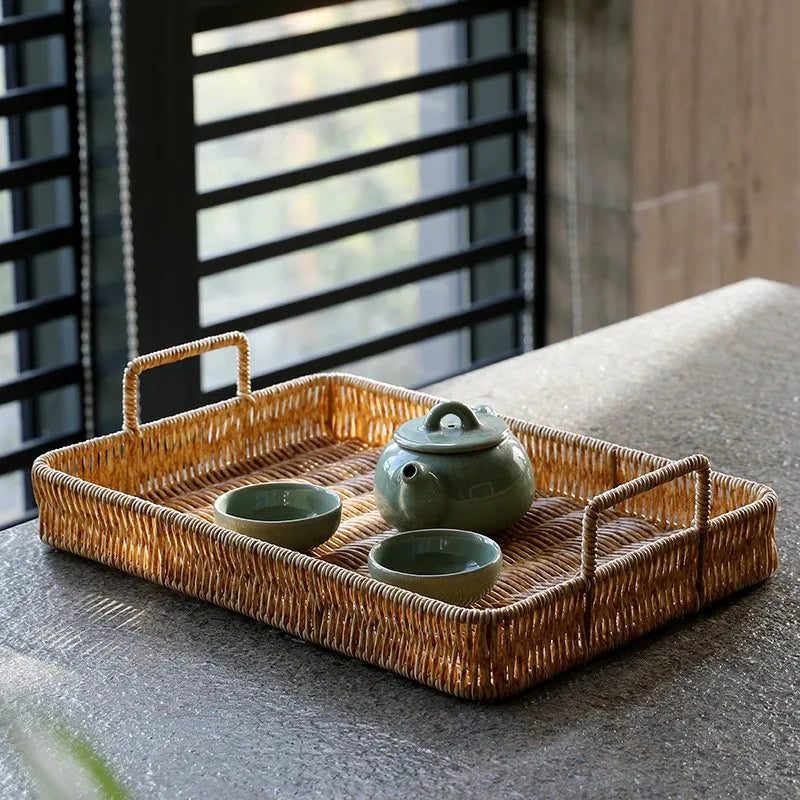 Afralia™ Rattan Weave Storage Tray with Handle - Multi-Functional Serving Platter