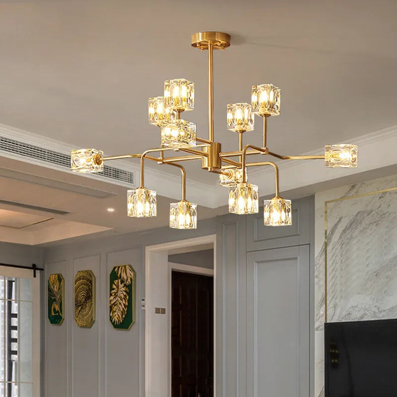 Afralia™ Square Crystal Chandelier Artistic Branches Luxury Gold Light Fixtures Living Room Kitchen Lighting