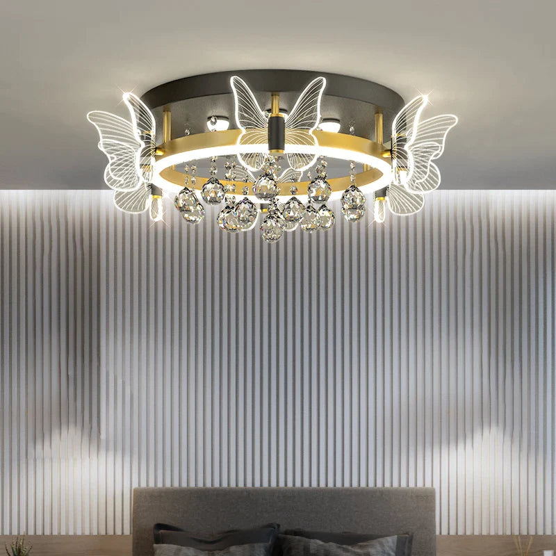 Afralia™ Elegant Butterfly Flower Crystal Ceiling Lamp for Romantic Home Decor