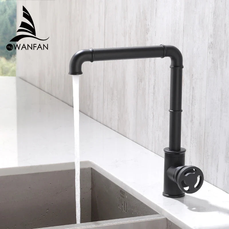 Afralia™ Matte Black Brass Crane Faucet Retro Industrial Style Hot Cold Mixer Tap