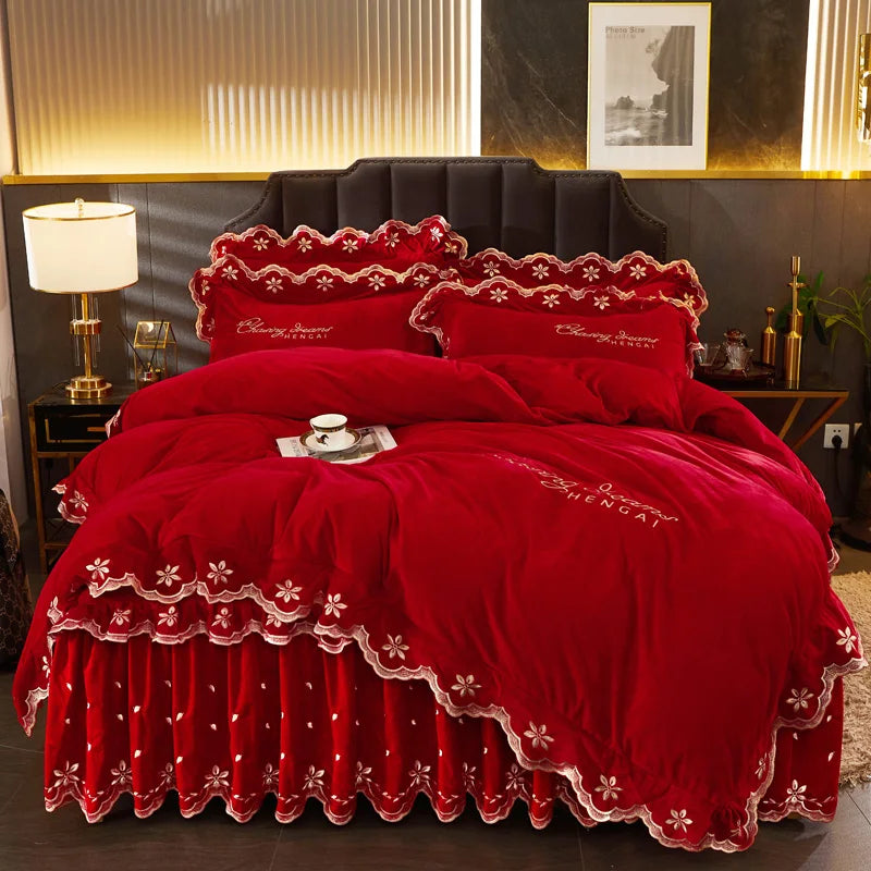 Afralia™ Velvet Bedding Set with Gold Embroidery & Ruffles