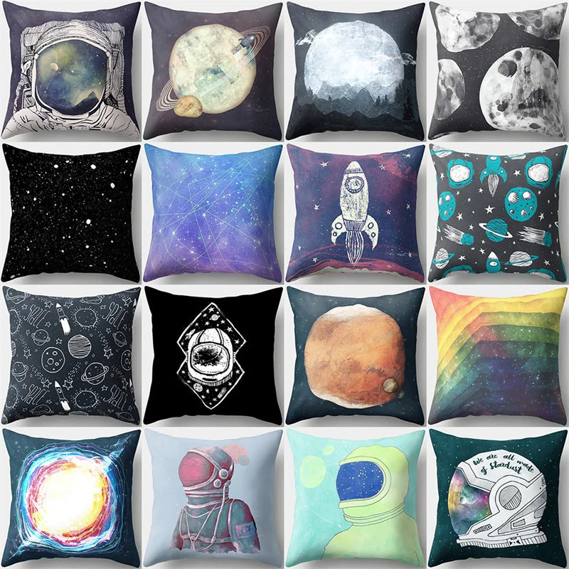 Afralia™ Cartoon Planet Astronaut Moon Rocket Pillow Case 45x45cm Square Cushion Cover