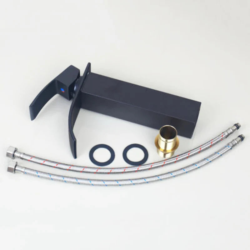 Afralia™ Waterfall Spout Basin Black Tap Set with Hand Painted Tempered Glass & Blue Mixer