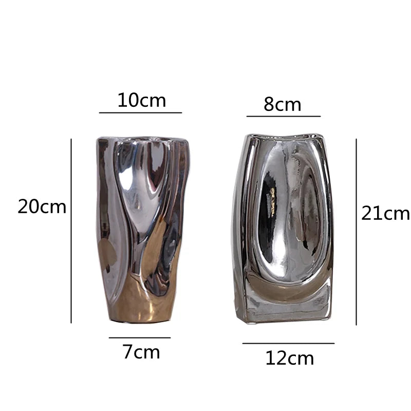 Afralia™ Silver Ceramic Folded Lines Vase for Flower Arrangement and Hydroponics