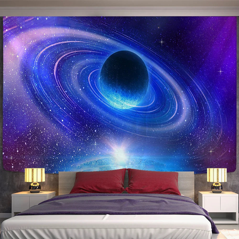 Afralia™ Galaxy Sky Blue Planet Tapestry Hippie Retro Home Decor Yoga Mat