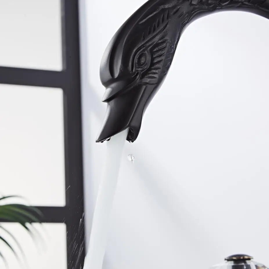 Afralia™ Swan Basin Faucet Gold Brass 3-Hole Black Oil Brushed Sink Tap