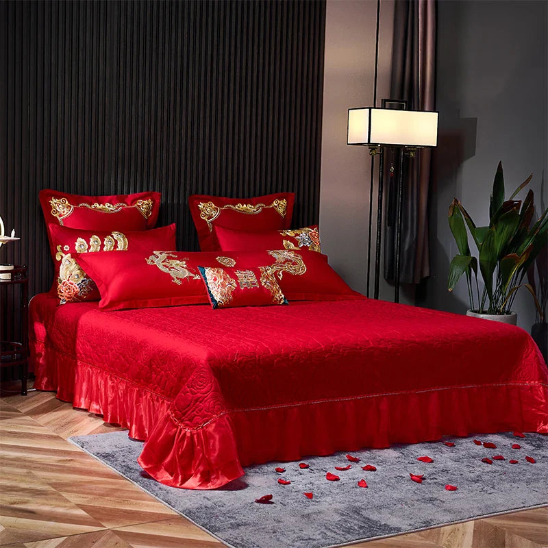 Afralia™ Red Chinese Wedding Style Bedding Set with Gold Loong Phoenix Embroidery