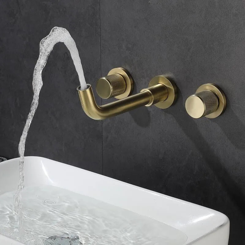 Afralia™ Brushed Gold Basin Faucet: Single Handle Wall Mount Brass Mixer Tap, Cold/Hot Water