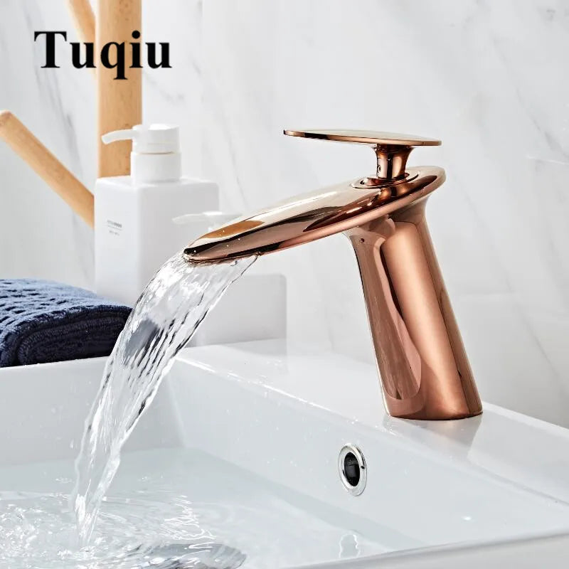 Afralia™ Solid Brass Rose Gold Waterfall Bathroom Faucet, Single Handle Deck Mounted Mixer