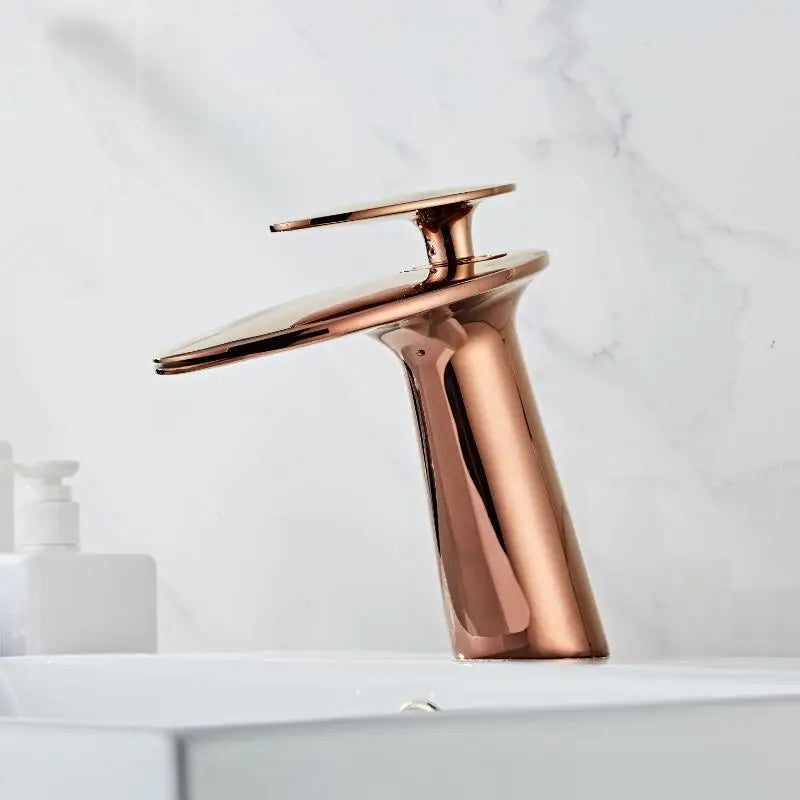 Afralia™ Solid Brass Rose Gold Waterfall Bathroom Faucet, Single Handle Deck Mounted Mixer