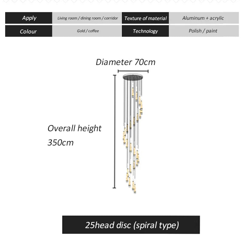 Afralia™ LED Spiral Chandelier Black Chrome Gold Pendant Light Modern Stairwell Lighting