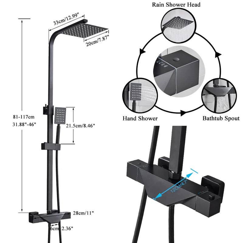 Afralia™ Black Thermostatic Rain Shower Faucet Set for Wall Mounted Bathrooms