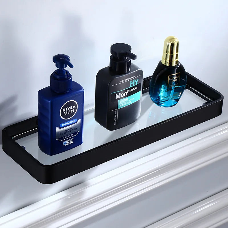 Afralia™ Black Aluminum Glass Shelf 20-45cm Square Bathroom Rack