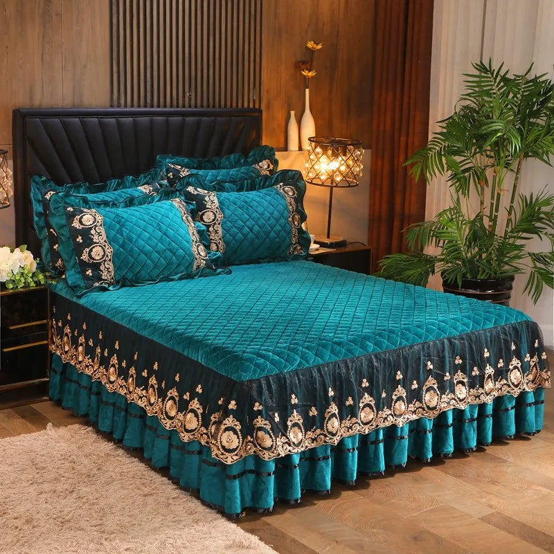 Afralia™ Crystal Velvet Bedspread Set with Super Soft Quilting & Lace Bedskirt