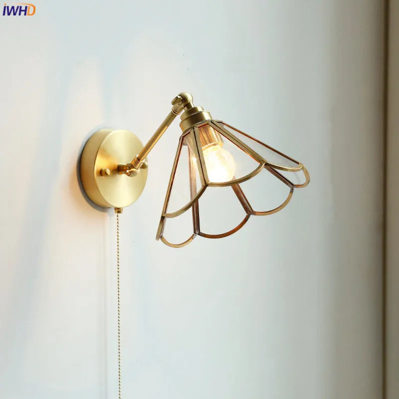 Afralia™ Nordic Copper Glass LED Wall Sconce with Pull Chain Switch