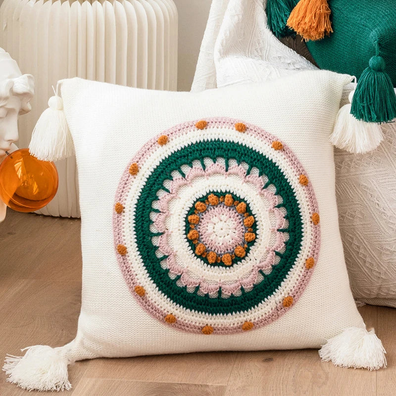 Afralia™ Floral Knit 45x45cm Cushion Cover with Tassels for Home Decoration