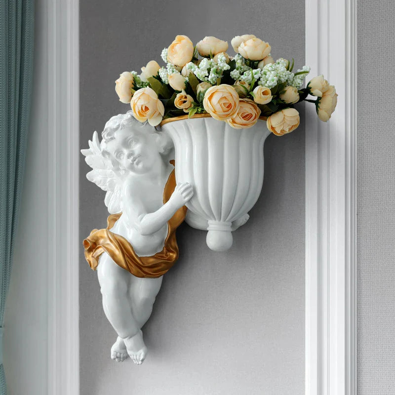 Afralia™ Resin Angel Wall Vase: Cupid Flower Pot Decor for Living Room Background Art